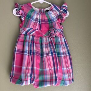 5/$30 CHAPS Pink Plaid Ruffle Sleeve  Dress with Rosette 12M EUC
